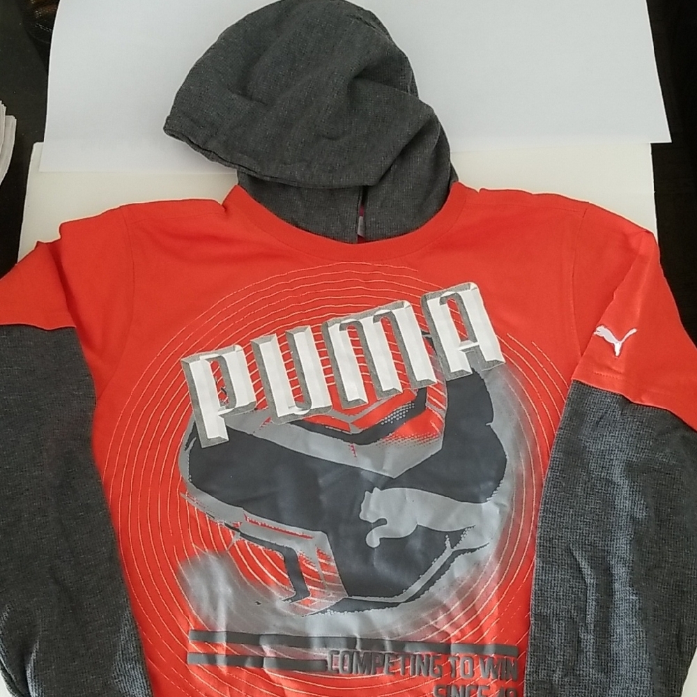 Puma Boy's Orange and Gray Hoodie Shirt NWT - Size Large With Slim Fit